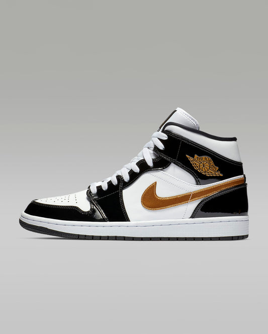 Jordan 1 Mid Patent Black White Gold